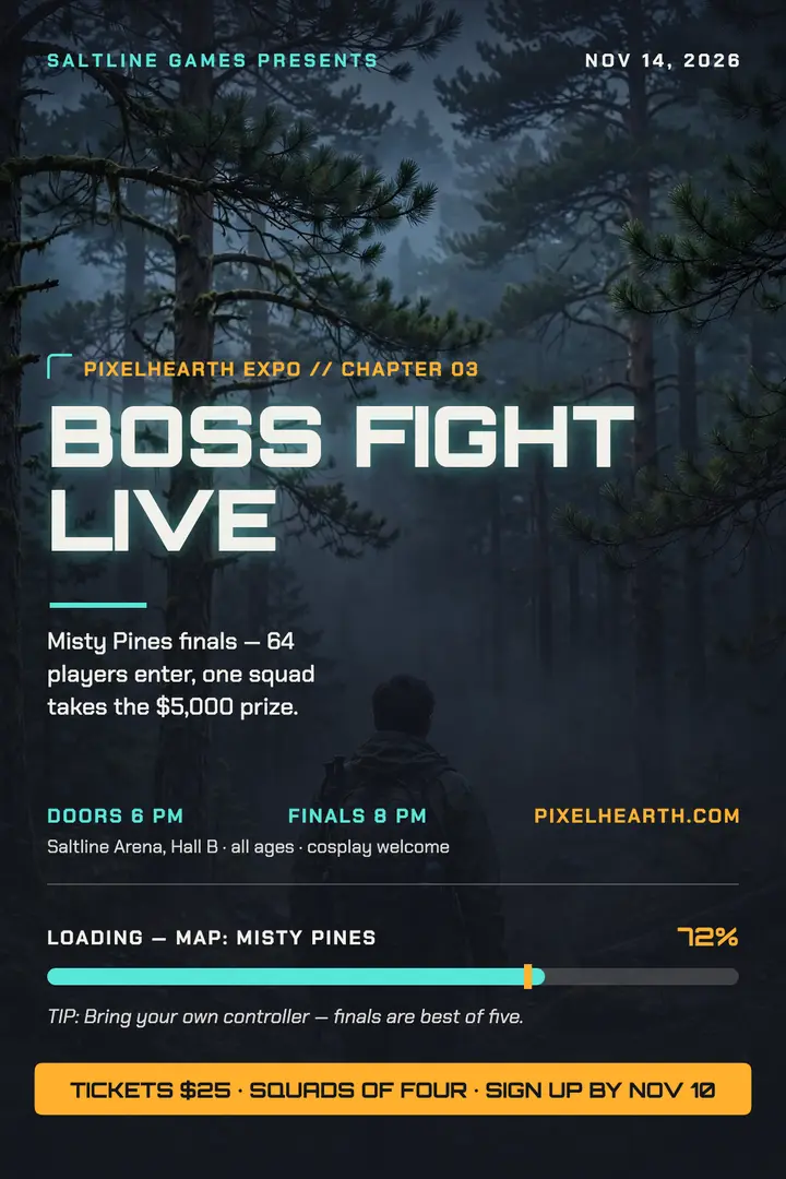 Pixelhearth Expo boss fight tournament poster template