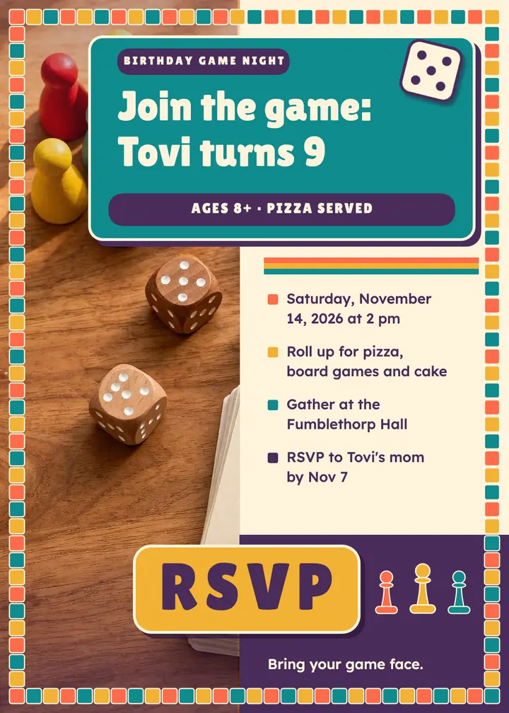 Game night birthday invitation, board-game box template