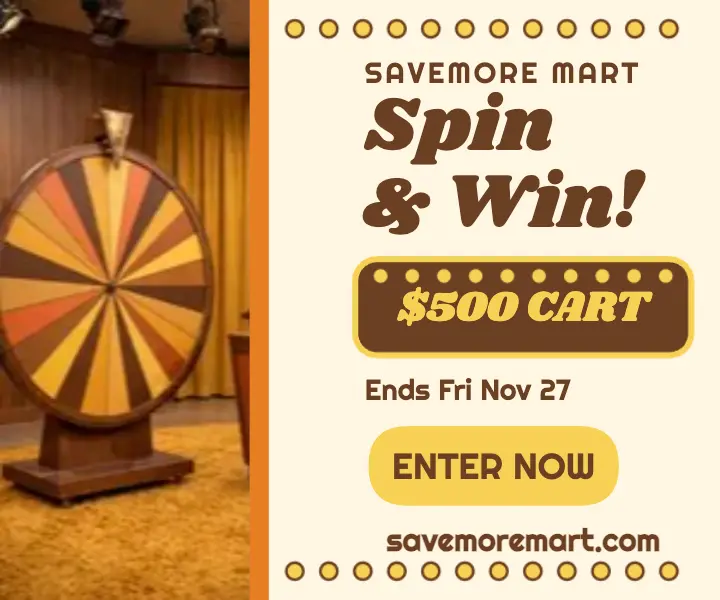 SaveMore Mart Spin and Win grocery ad: grocery giveaway ad template