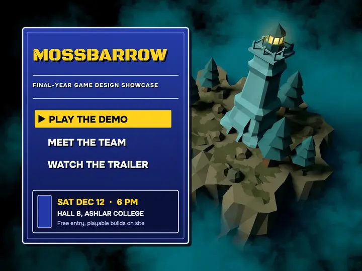 Game design showcase title slide, low-poly PS1 menu template