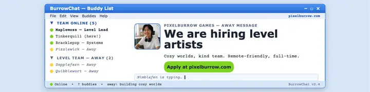 Pixelburrow Games hiring messenger banner template