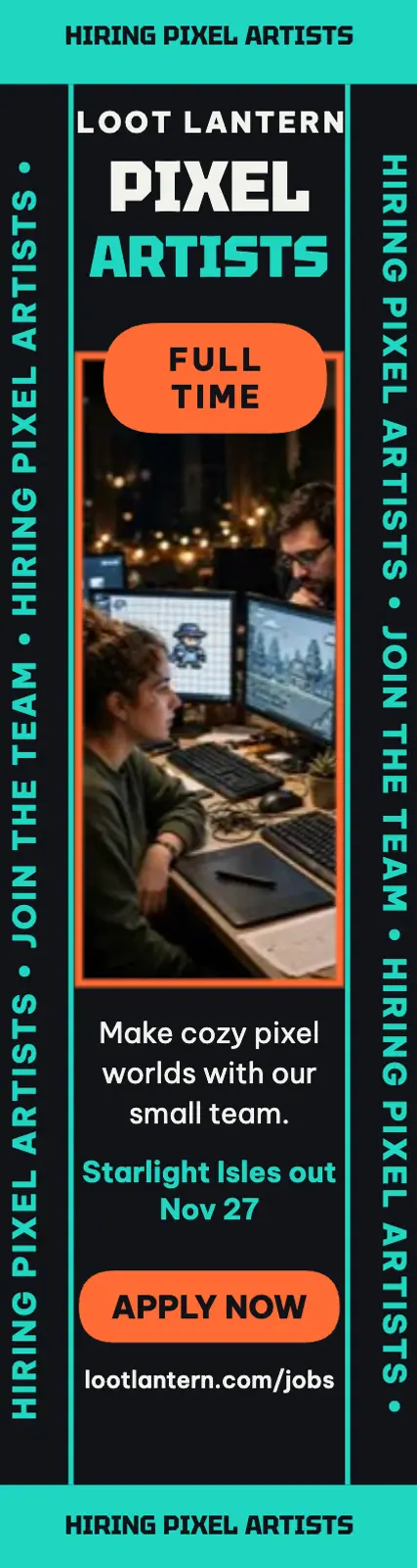 Loot Lantern Games hiring pixel artists skyscraper ad template