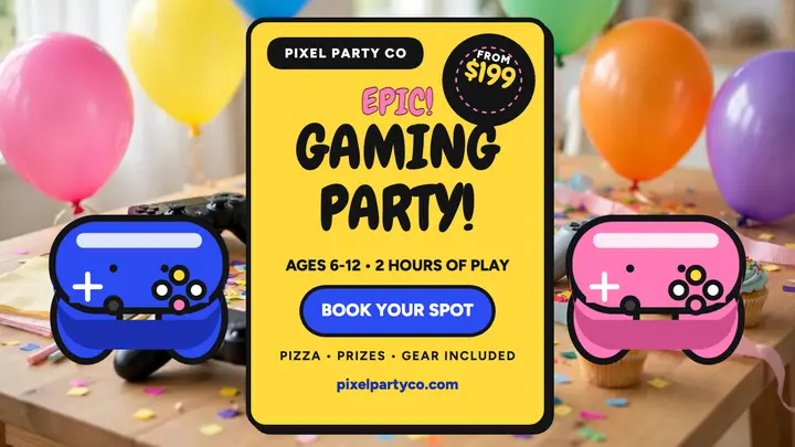 Pixel Party gaming party thumbnail: gaming party thumbnail template