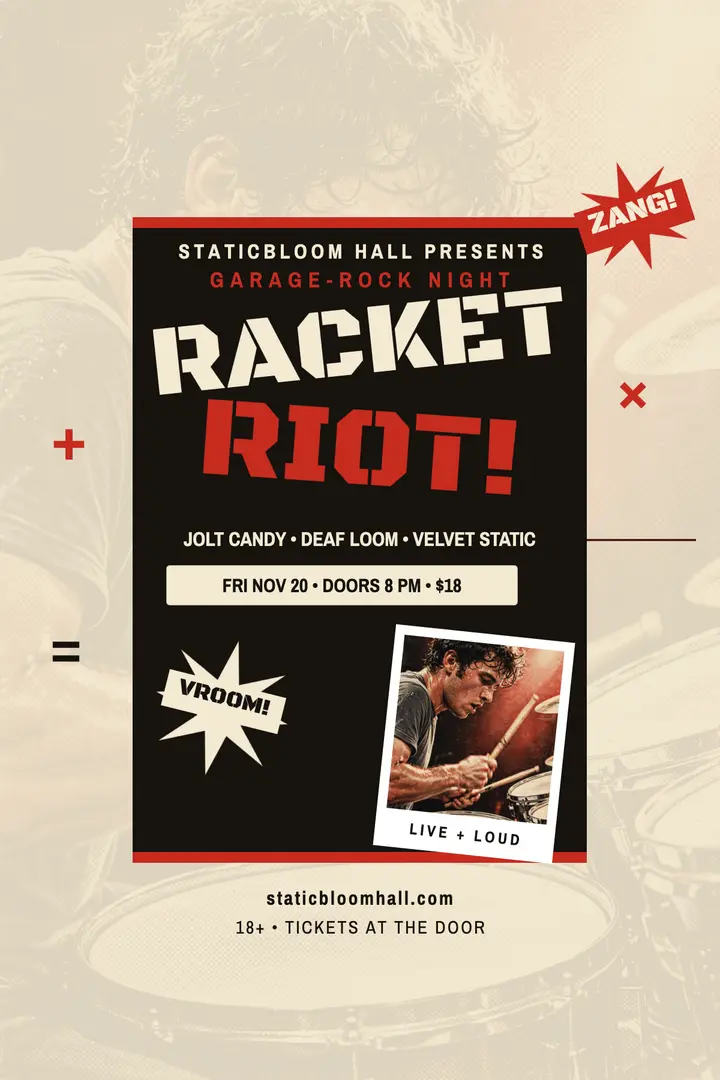 Racket Riot garage night burst poster template