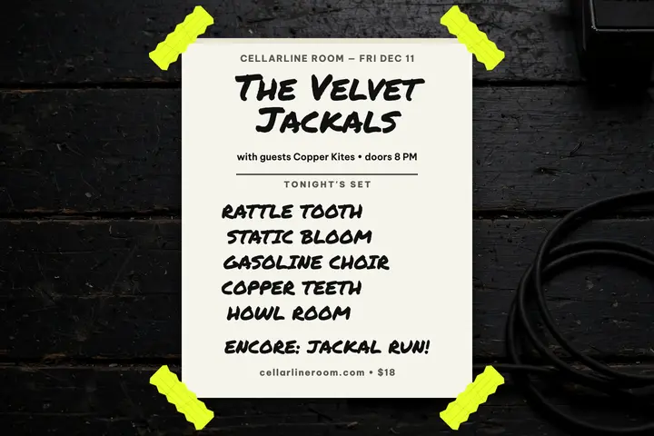 Velvet Jackals garage gig setlist card template