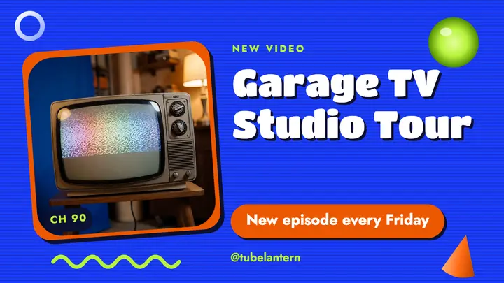 Garage TV studio tour thumbnail, 90s TV ident template