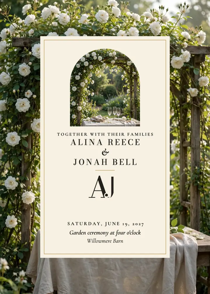 Alina and Jonah garden arch invitation: wedding invitation template