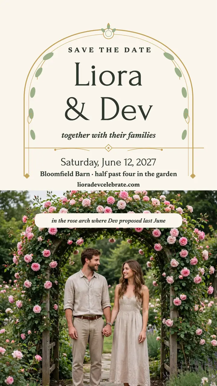 Liora and Dev garden arch save the date: save the date story template