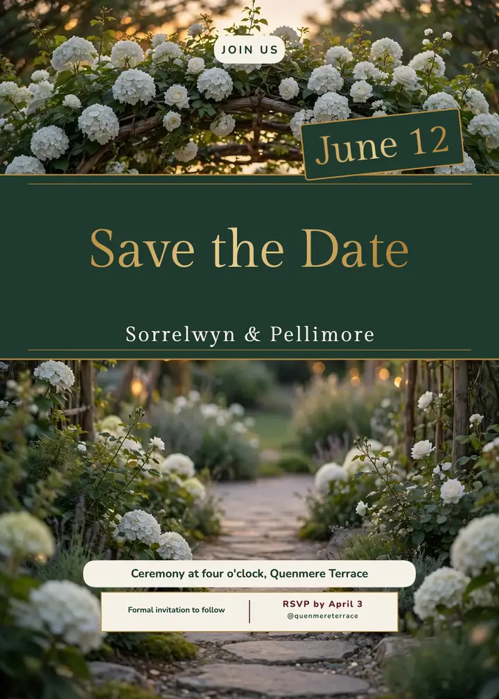 Garden arch wedding save the date, letterpress and foil template