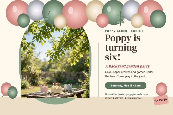 Poppy garden birthday balloon postcard: kids birthday postcard template