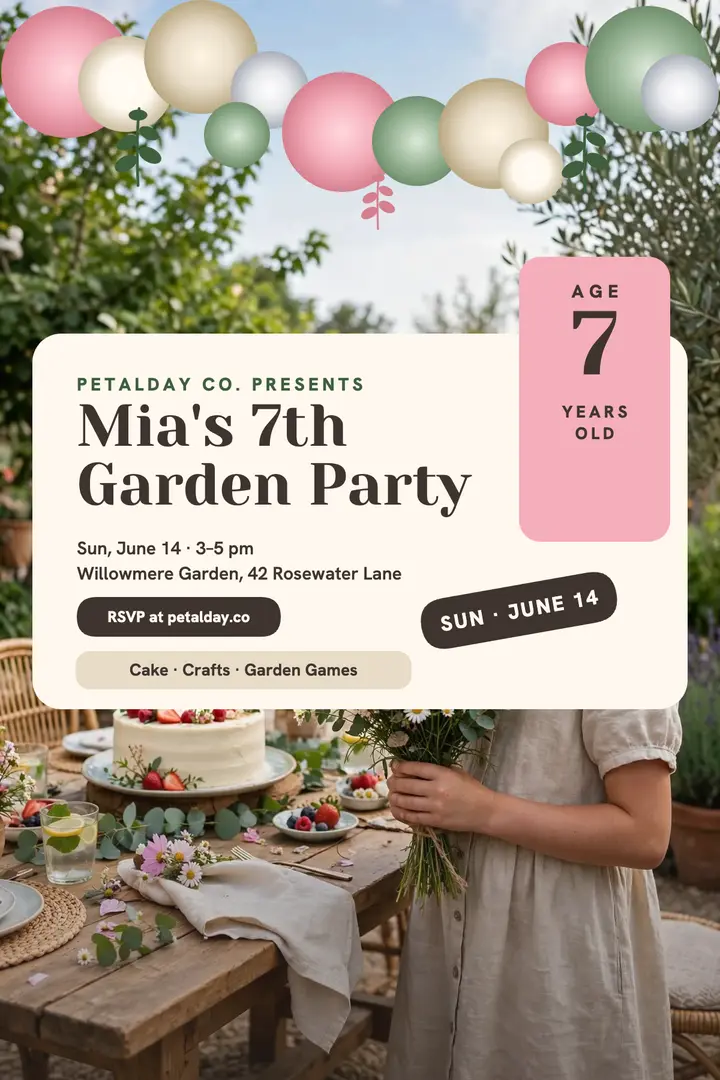 Mia's garden birthday party poster: birthday party poster template