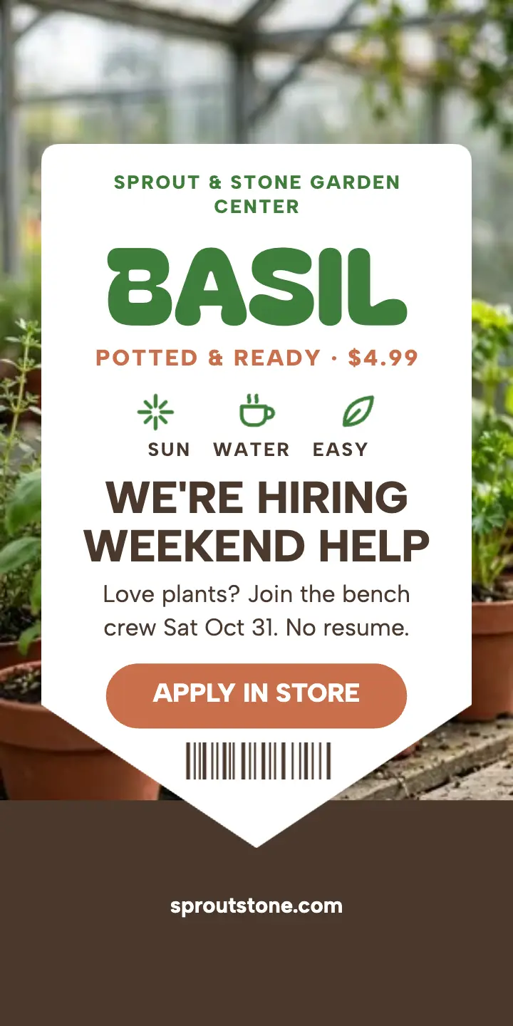 Sprout and Stone basil stake hiring ad: garden center hiring ad template