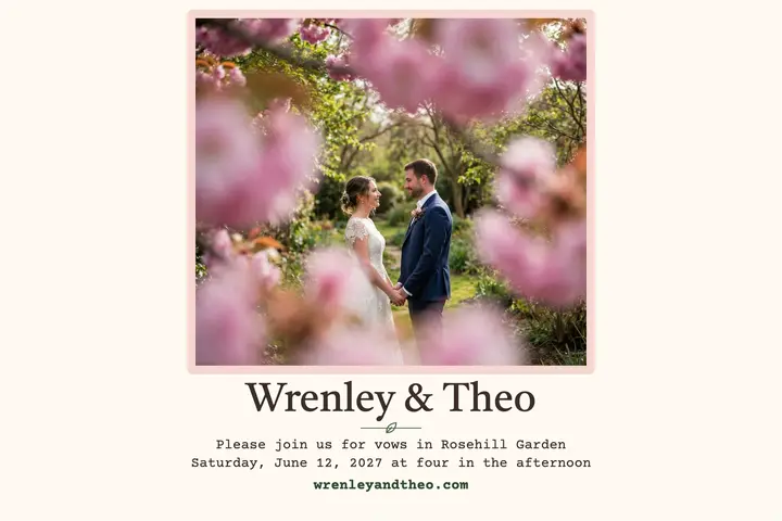 Wrenley and Theo garden ceremony postcard: garden wedding invitation template