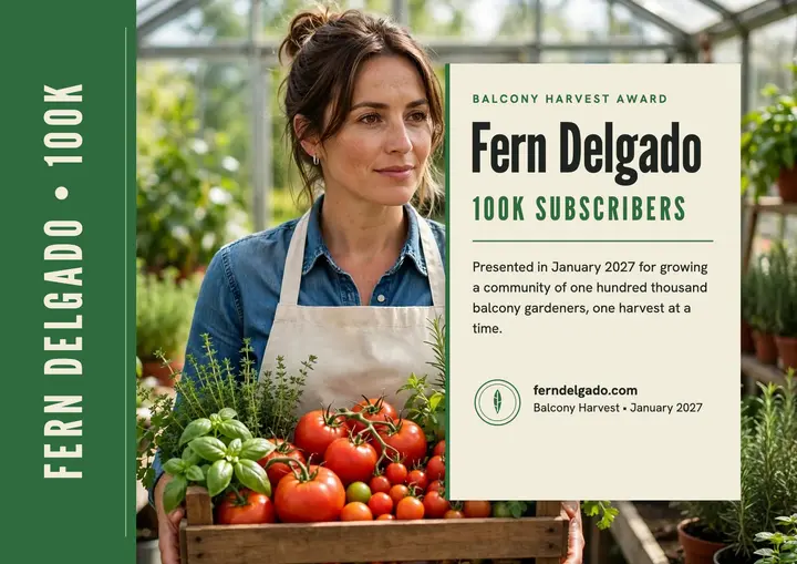 Balcony Harvest 100k creator award: creator award certificate template