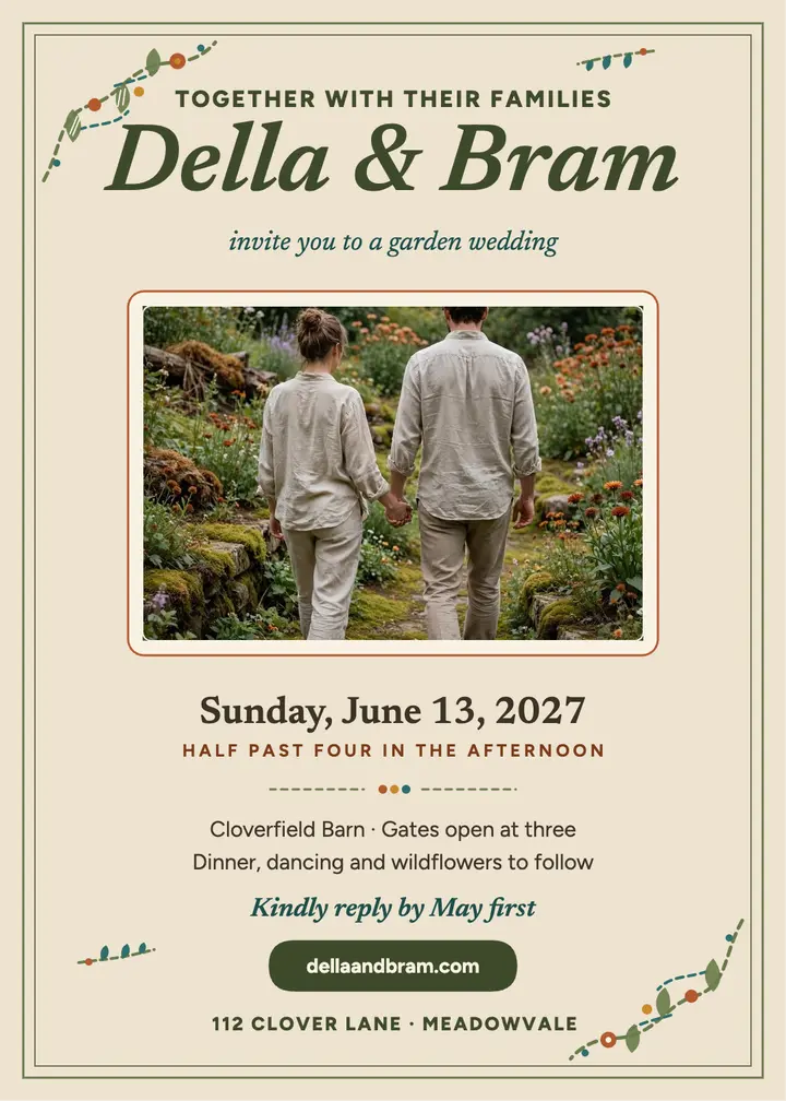 Della and Bram garden crewel invitation template