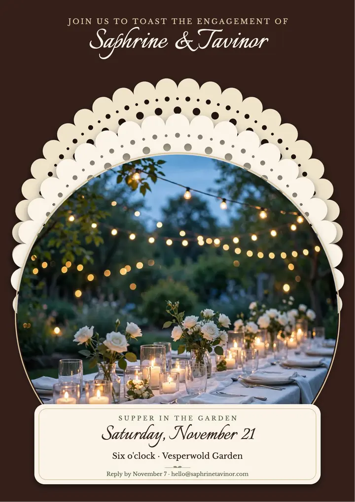 Saphrine and Tavinor garden engagement supper, lace flyer template