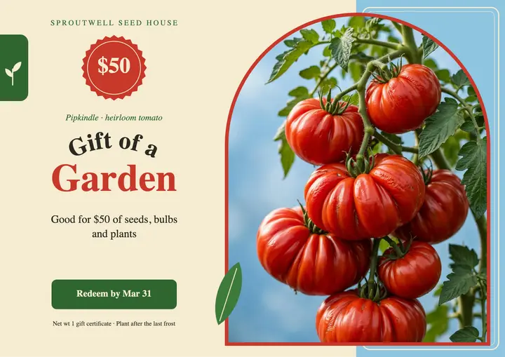 Garden center holiday gift certificate, seed packet: garden gift certificate template