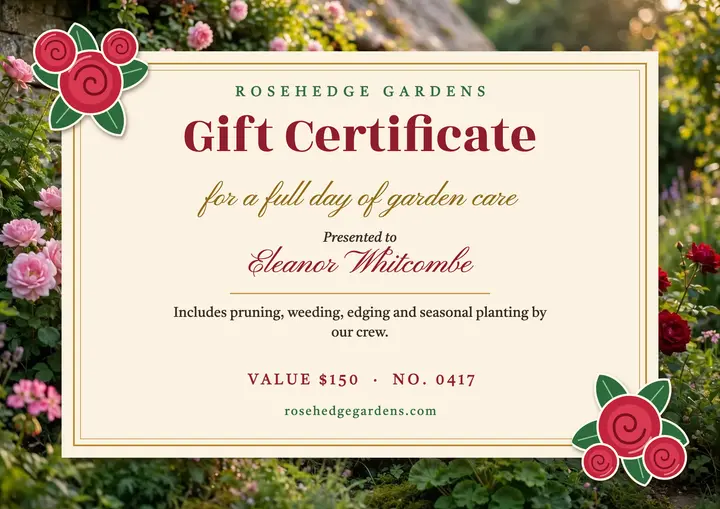 Rosehedge Gardens gift certificate template