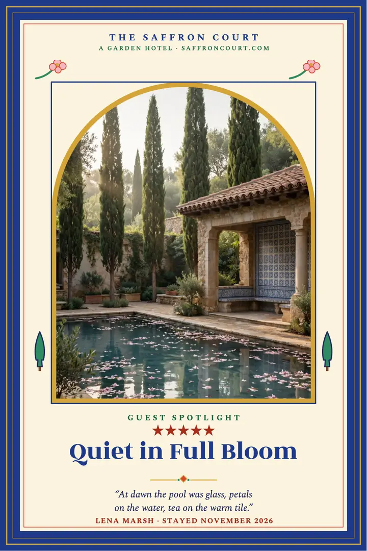 Saffron Court garden guest spotlight poster: hotel review poster template