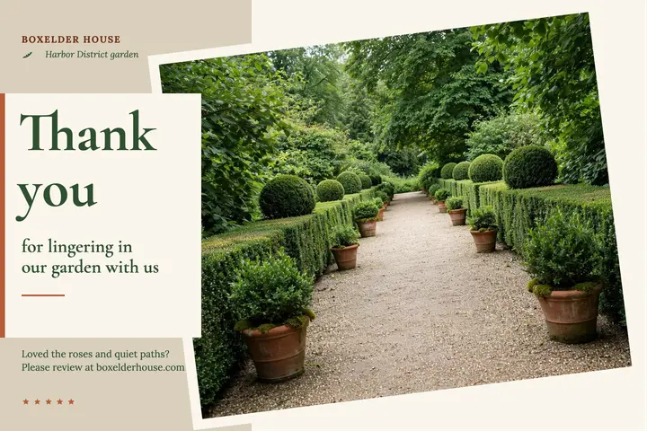 Boxelder House garden review postcard template