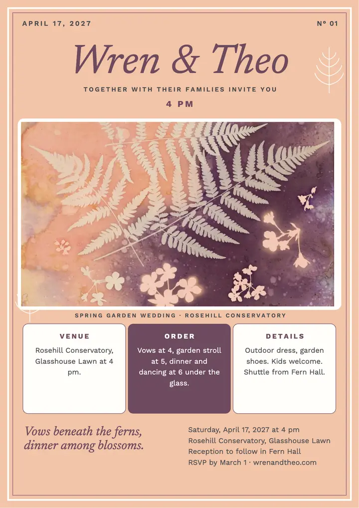 Wren and Theo garden wedding invitation template