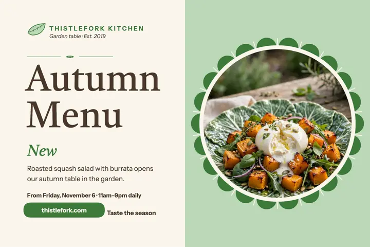 Thistlefork autumn menu postcard template
