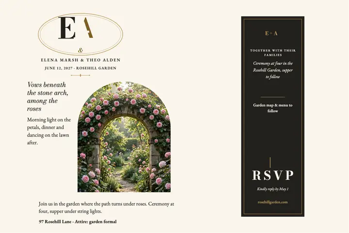 Rosehill garden monogram invitation: wedding invitation postcard template