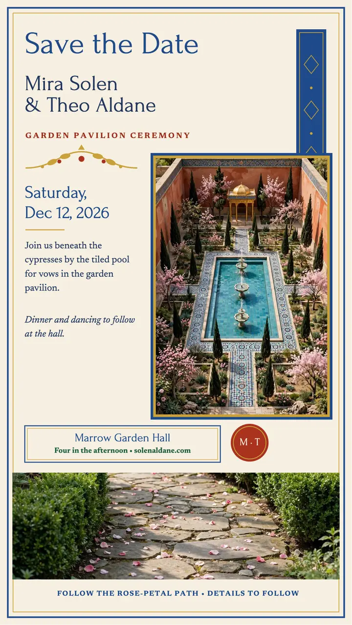 Mira and Theo garden pavilion save the date template