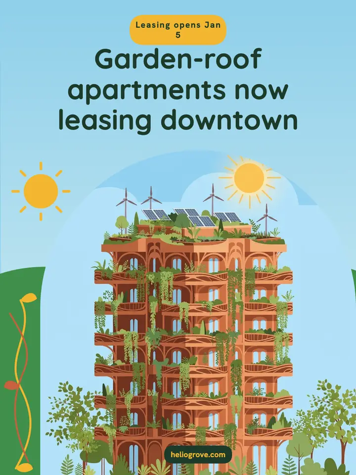 Garden-roof apartments now leasing, solarpunk post: apartment leasing post template