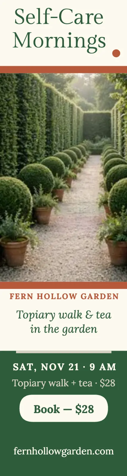 Fern Hollow self-care mornings skyscraper ad: garden self-care ad template