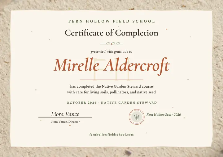 Fern Hollow native garden steward certificate: garden course certificate template