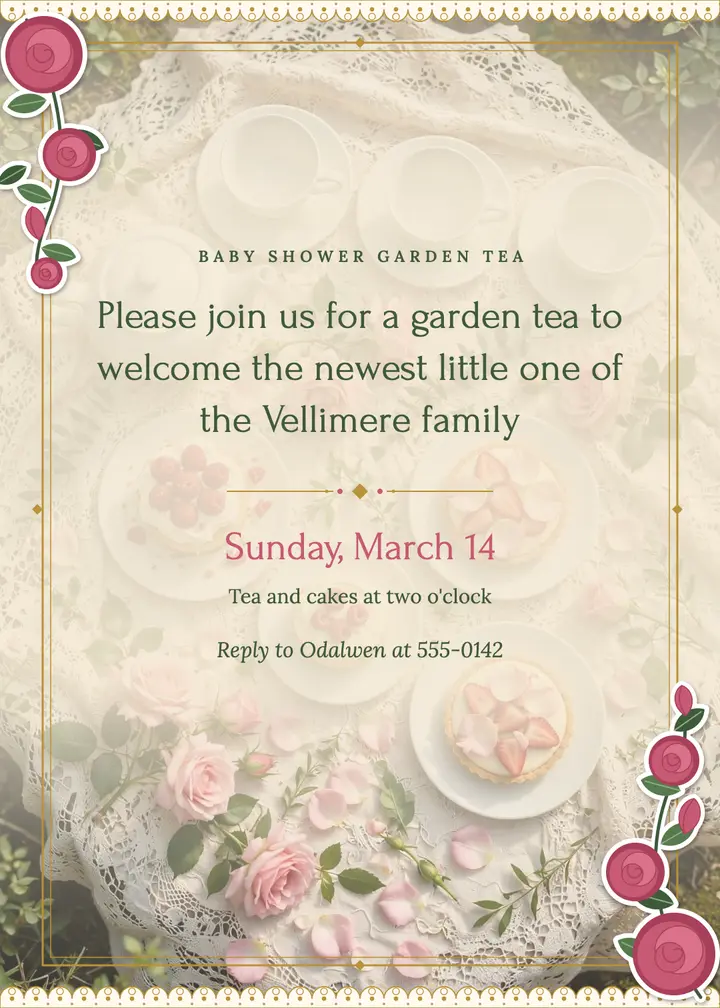 Garden tea baby shower invitation, Victorian scrap template