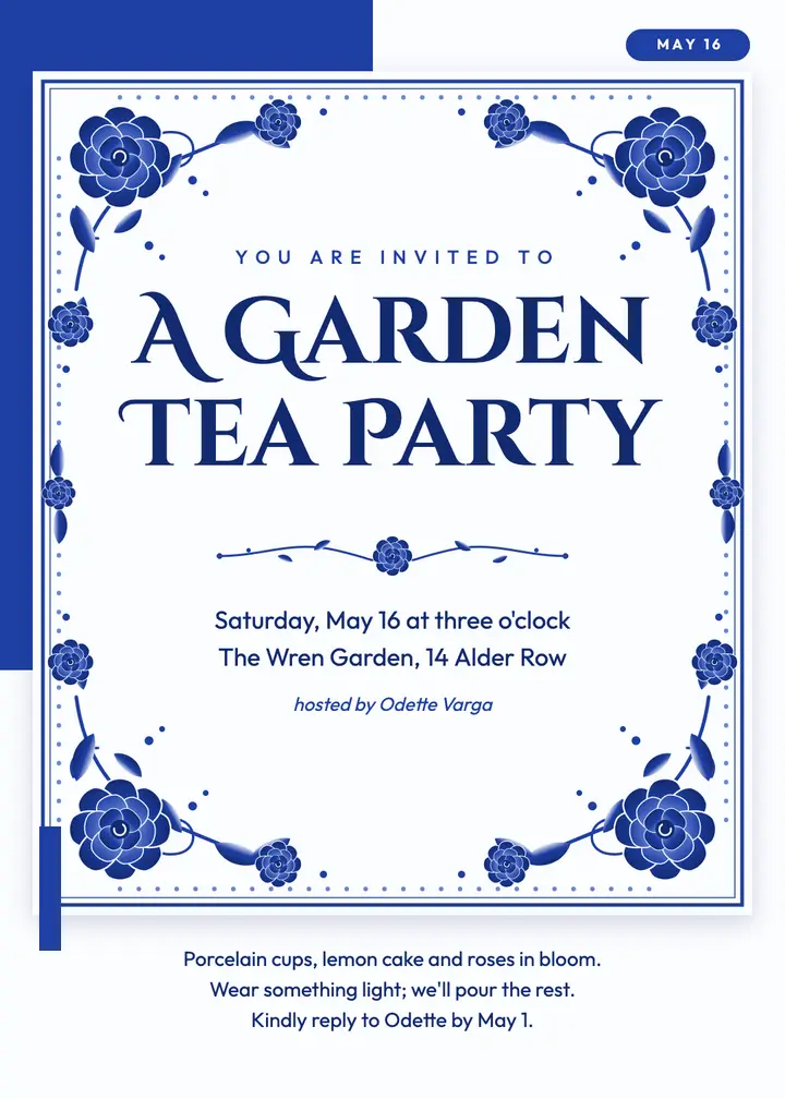 Garden tea party invitation, blue porcelain template