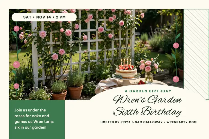 Wren garden trellis birthday invitation template