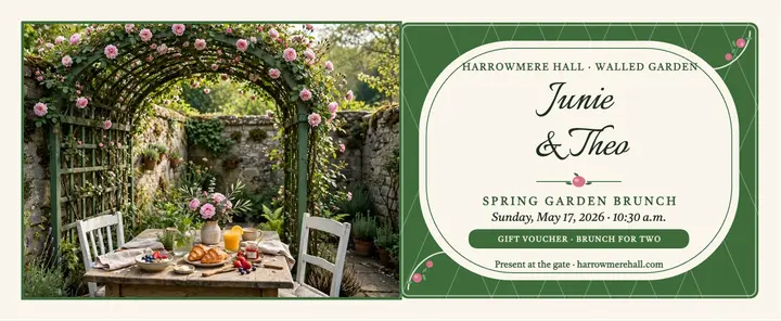 Junie and Theo garden brunch voucher: wedding brunch voucher template