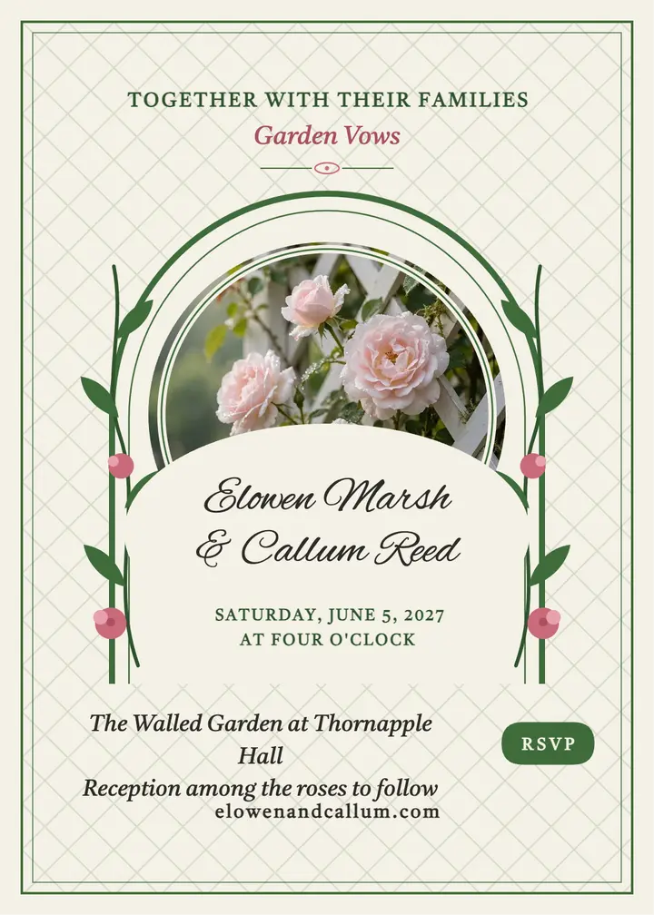 Elowen and Callum garden trellis invitation: garden wedding invitation template
