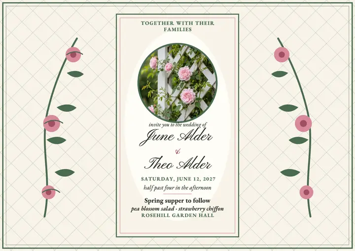 June and Theo garden trellis wedding certificate: wedding invitation certificate template