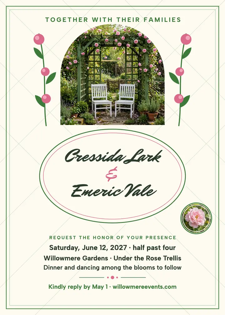 Rose trellis garden wedding invitation template