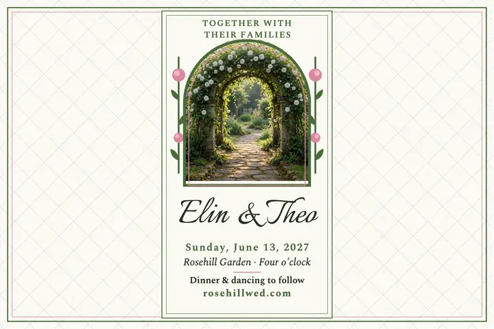 Elin and Theo garden trellis invitation: garden wedding invitation template