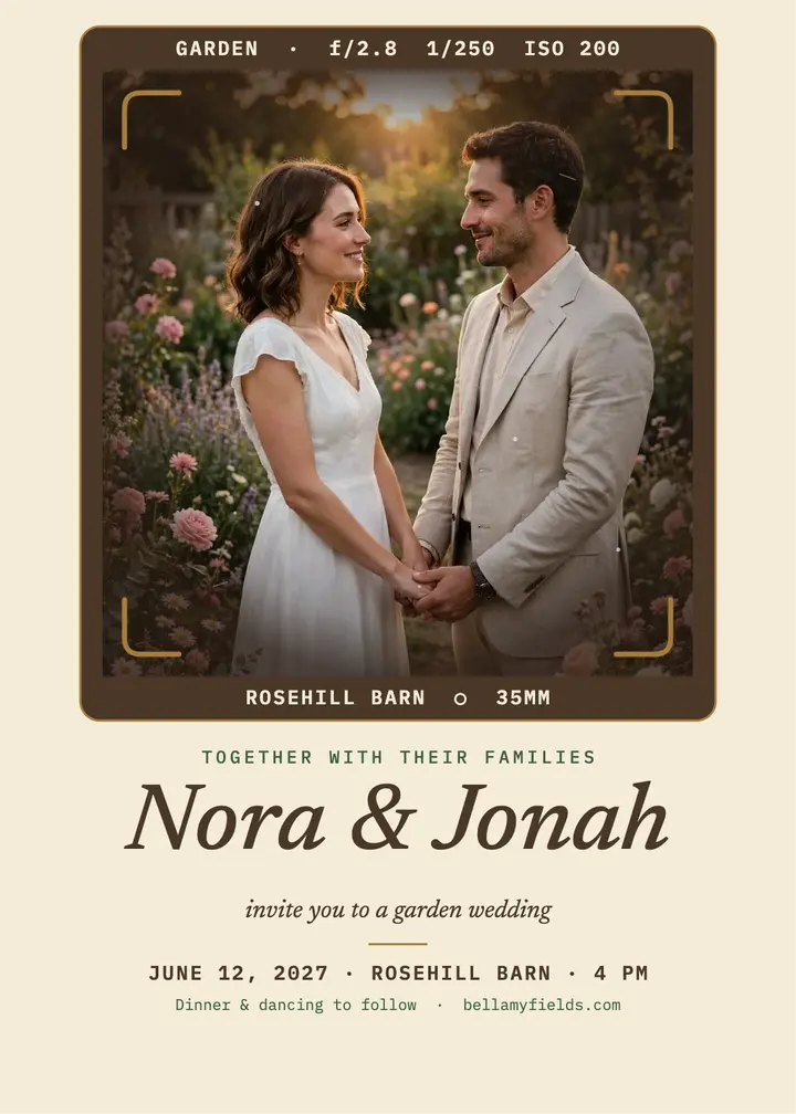 Nora and Jonah garden viewfinder invitation: garden wedding invitation template