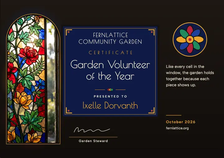 Garden volunteer award certificate, stained glass template