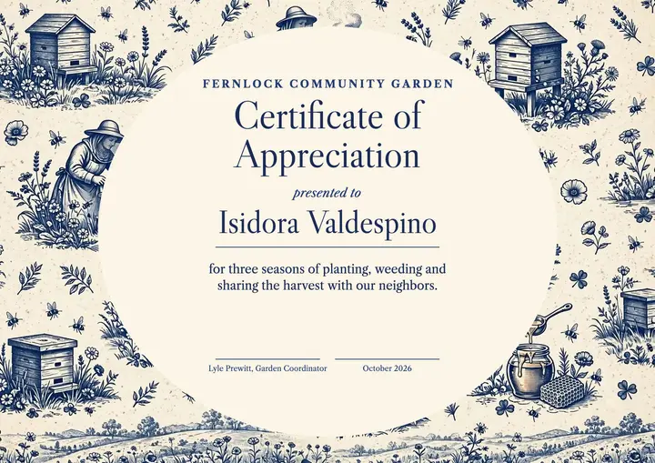 Community garden volunteer certificate, modern toile template