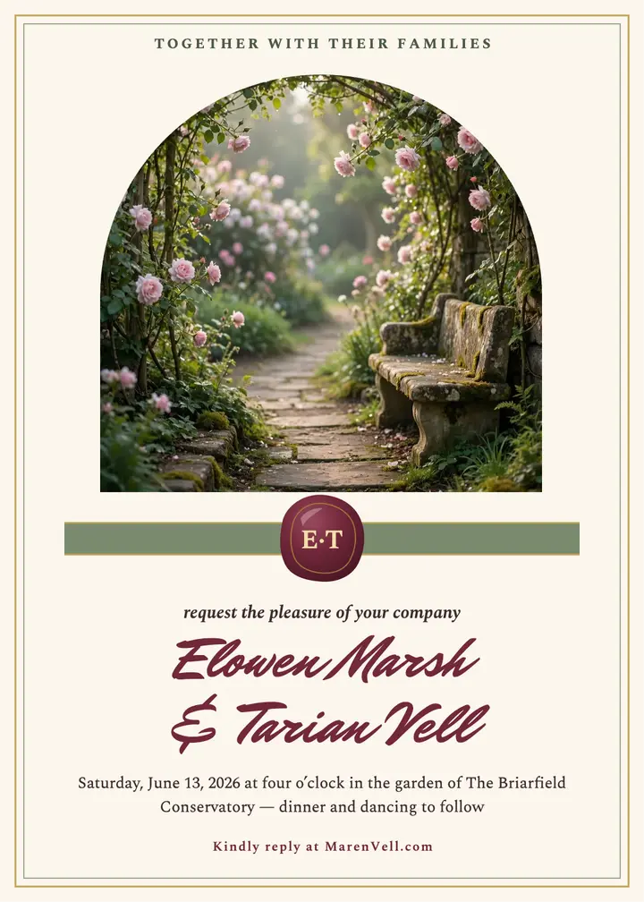 Elowen and Tarian garden wax seal invitation: garden wedding invitation template