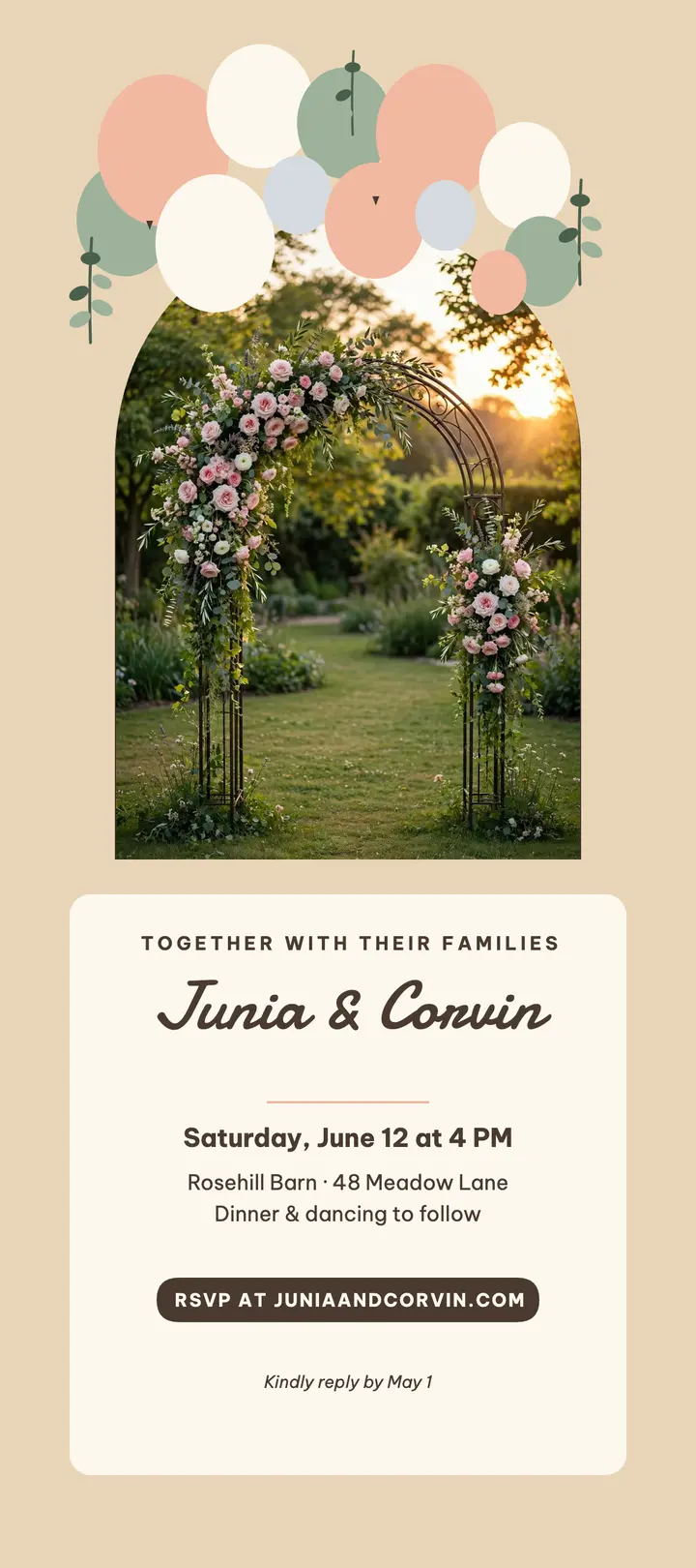 Junia and Corvin garden wedding balloon invitation template