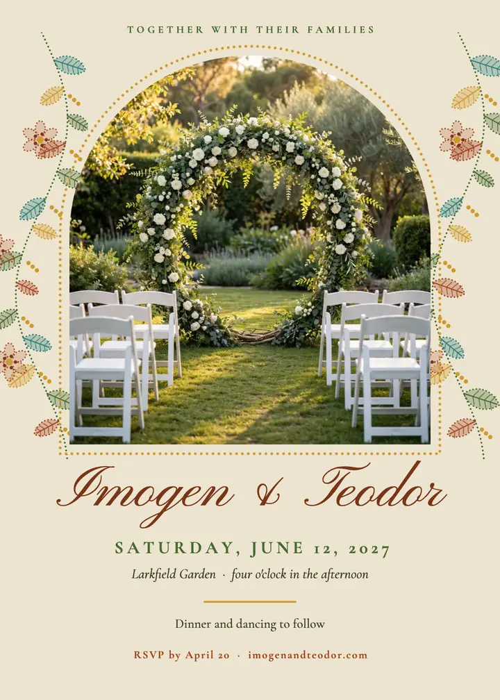 Crewel embroidery garden wedding invitation: garden wedding invitation template