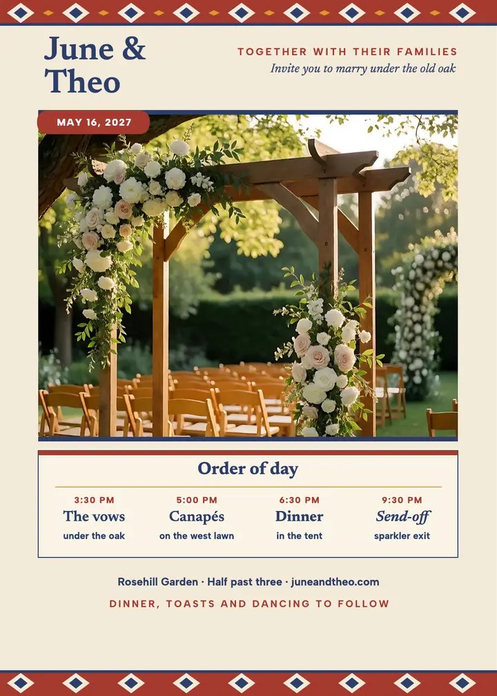June and Theo garden wedding order of day template