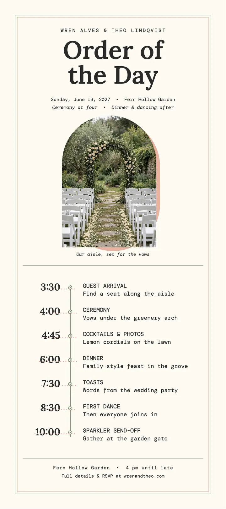 Wren and Theo garden order of day rack card template