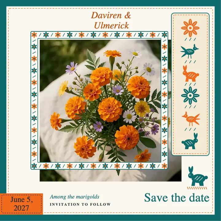 Garden wedding save the date, marigold embroidery: save the date post template