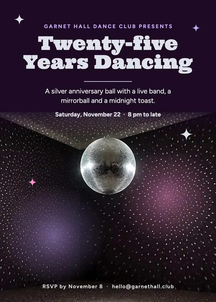 Garnet Hall silver anniversary ball, mirrorball glam template