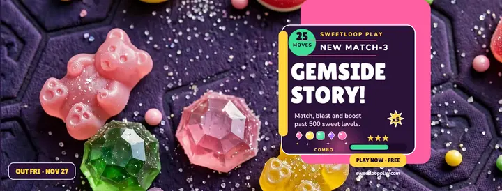 Gemside Story match-3 launch cover template